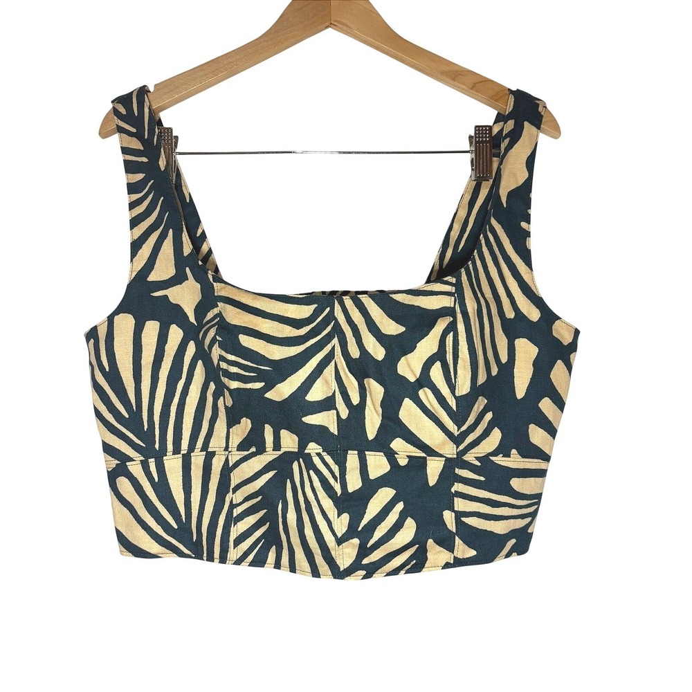 NWT‎ Banana Republic Womens Linen Blend Palm Print Cropped Top Green Tan 12